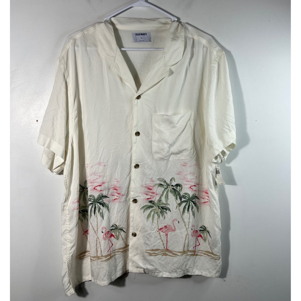 Old Navy Flamingo Palm Tree Hawaiian Button Up Shirt XL Men's Short‎ Sleeve